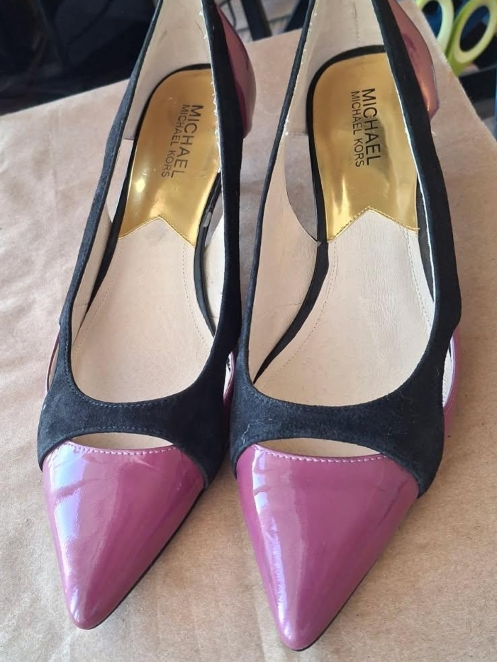 Michael Kors Black Suede and Plum Patent Pointed-Toe Heels